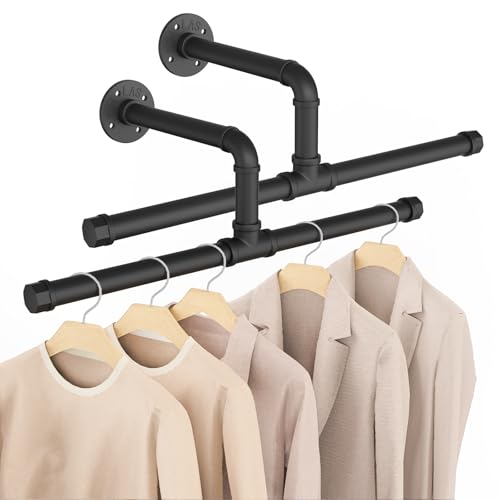 Yawinhe Industrial Pipe Clothes Rails, Coat Rack Rustic Storage, Space-saving Wall Kitchen Shelf, for Small Rooms Black, 51cm, 2-pack