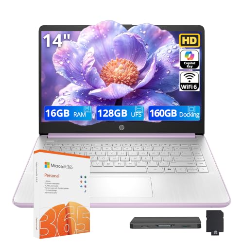Image of HP Stream 14 inch HD Student & Business Laptop, Intel Processor N150, 16GB RAM, 288GB Storage (128GB UFS + 160GB Docking Station), Intel Graphics, 1 Year Office 365, Wi-Fi 6, Win 11, Purple