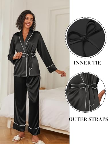 Ekouaer Satin Lounge Sets for Women 2 Pieces Silk Pajamas Set Long Sleeve Top with Pants Outfits with Belt3