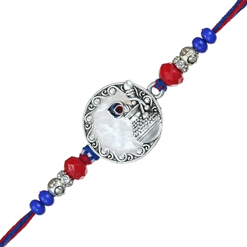 Image of eCraftIndia Dahi Handi Flute Mor Pankh Rakhi for Brother Bhaiya Bhai with Best Bro Ever Fridge Magnet | Roli Chawal Pack