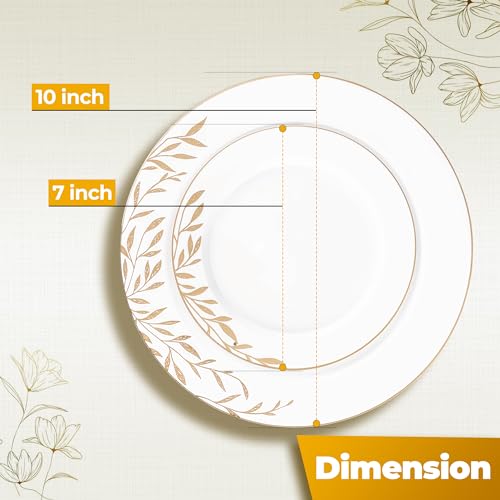 PLASTICPRO 32 Pack Elegant Disposable Plastic Plates Combo Set Includes 16 Dinner Plates and 16 Salad Plates Heavy Duty Fancy Party Plates White & Gold Flower Design - Image 5