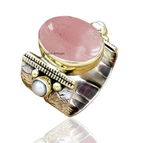 10x14 MM Oval Gemstone Solid 925 Sterling Silver Two Color 15MM Wide Band Ring with Tiny Freshwater Pearl Accents for Women Gift
