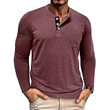 YSERB Men's Long Sleeve Henley Shirts Lightweight Pullover Shirt Comfort Casual Fashion Button V Neck T-Shirt Basic Clothes Dark Red