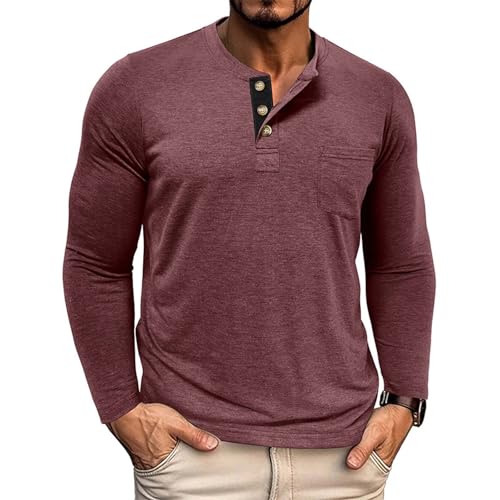 YSERB Men's Long Sleeve Henley Shirts Lightweight Pullover Shirt Comfort Casual Fashion Button V Neck T-Shirt Basic Clothes Dark Red