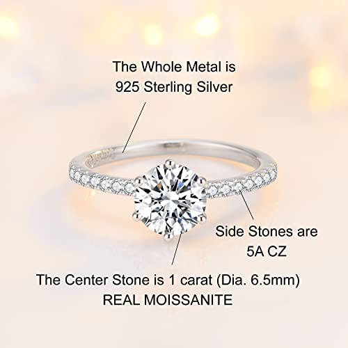 SecreTalk 1CT Moissanite Engagement Rings for Women - 6 Prong Moissanite Promise Ring 925 Sterling Silver D Color VVS with Certificate of Authenticity3