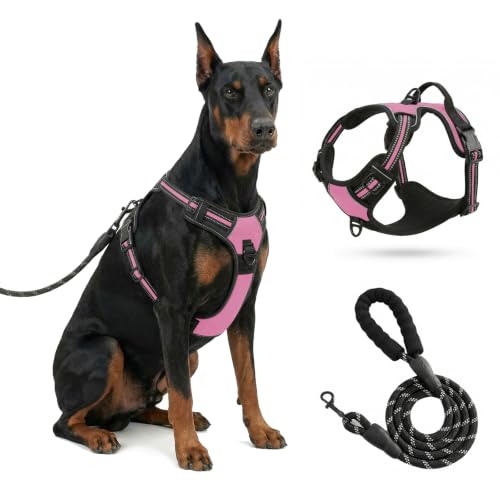 Hundegeschirr mit Griff, atmungsaktives Brustgeschirr mit Reflexstreifen, sicheres Zuggeschirr ohne Würgen für mittelgroße Hunde und große Hunde. (Rosarot-XL)