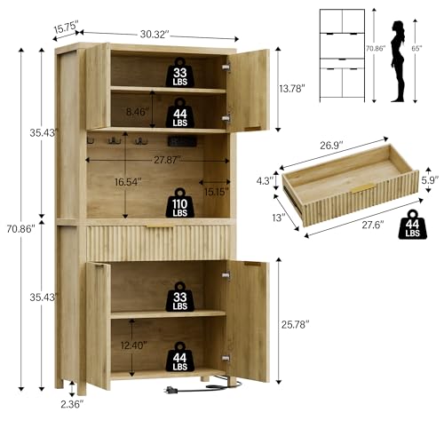 Image of Lulive 71 inch Fluted Pantry Cabinet with Charging Station, Natrual | Adjustable Shelves, Open Countertop, Drawer, Spacious Kitchen Storage