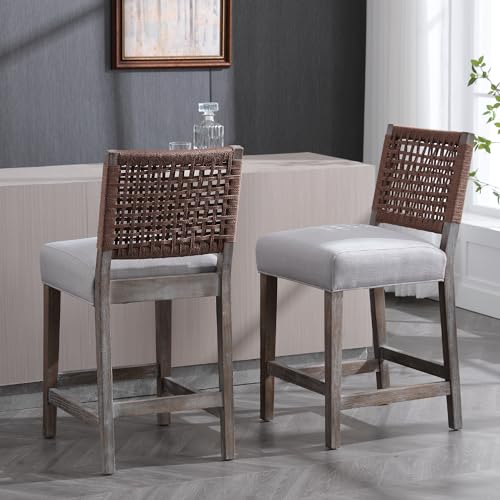 Woven-Rope-Back-Bar-Stools-Set-of-2-Armless-Counter-Height-Stools-Wooden-Farmhouse-Barstools-for-Kitchen-Island-Dining-Room-Bar-Pubs-Clubs-Cafe-Linen-Grey-Brown-Paper Woven Rope Back Bar Stools Set of 2 Armless Counter Height Stools Wooden Farmhouse Barstools for Kitchen Island Dining Room Bar Pubs Clubs Cafe Linen Grey Brown Paper