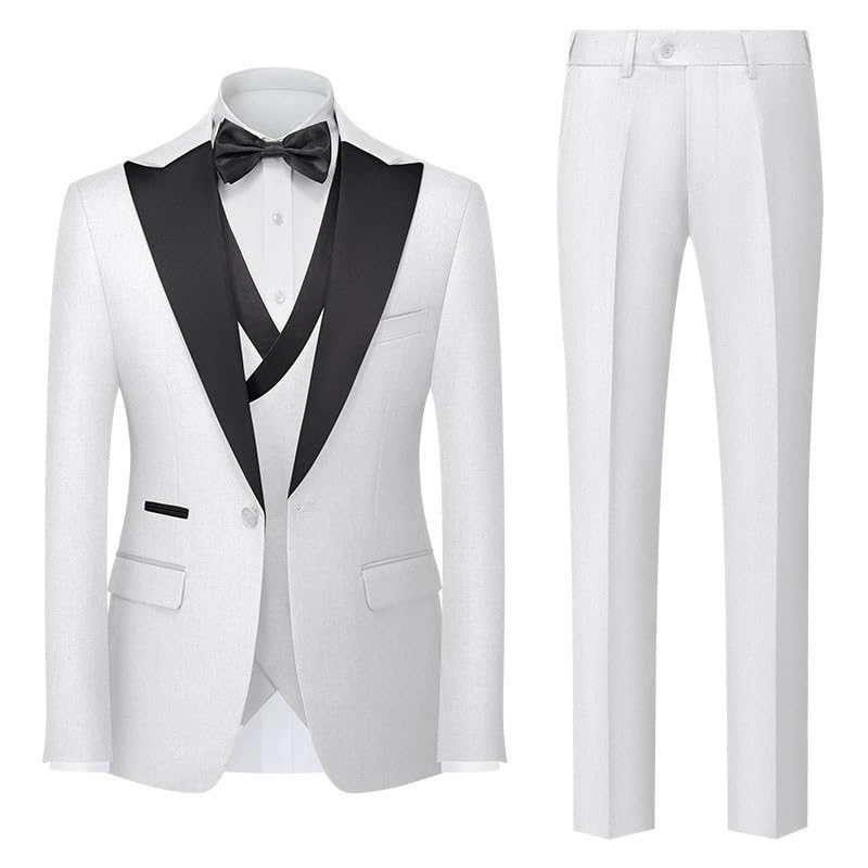 Men's 3 Piece Slim Fit Suit Set with Pants Vest Business Formal Outfit for Wedding Office Prom Tuxedo(White,X-Large)