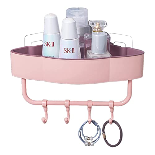 Image of Klaxon Ares Self Adhesive Corner Shelf with Towel Holder & Hooks | Wall Mounted Rack for Bathroom /Kitchen /Washbasin (Pink)