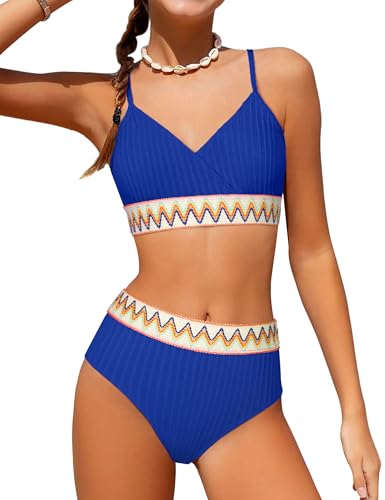 Image of DONWEN Girls Swimsuits V Neck Bikini Set Textured High Waist Girl Two Piece Bathing Suit