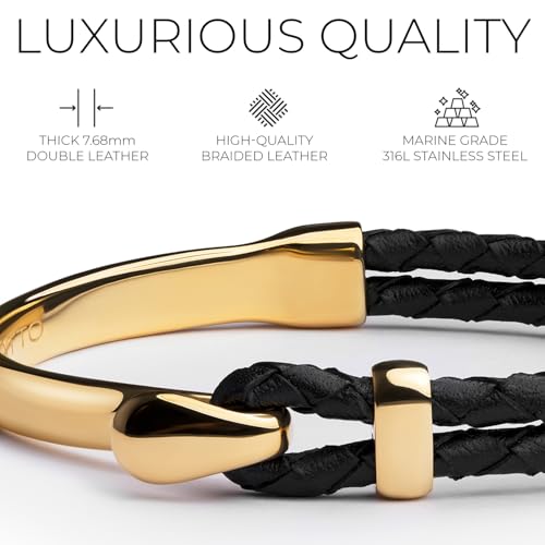 Elegatto Signature Gold Bracelet for Men | Braided Full-Grain Black Leather with 18k Gold-Plated Stainless Steel Hook Closure | Men’s Designer Jewelry Bracelets3