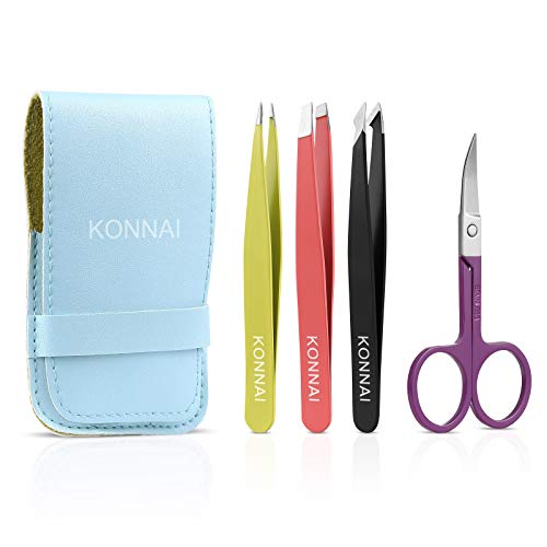 Eyebrow Tweezers Set 4Pcs, Stainless Steel Eyebrow Tweezers, Great Precison for Eyebrow, Ingrown Hair, Splinter, Facial Hair Removal, 3Pcs Tweezers and a Curved Eyebrow Scissor with Leather Case