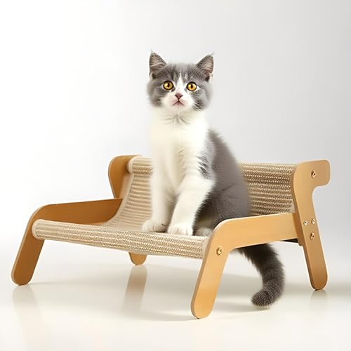 猫用ベッド 猫用爪とぎ板 猫用藤編み涼感ソファ 爪とぎ板付き猫用チェア 【通気性 天然素材の木製フレーム】 涼しく快適な猫用ベッド 爪とぎ板機能内蔵 簡単に取り外し可能 メンテナンスが簡単 猫/犬用、室内外両用 多頭飼い家庭に適しています リネン