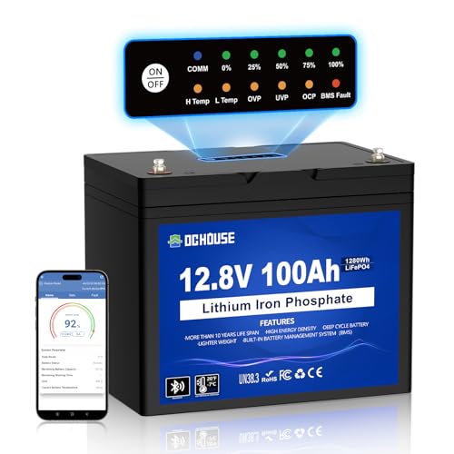 DC HOUSE 12V 100Ah LiFePO4 Trolling Motors Battery with SOC Status Indicators, Bluetooth & Low Temp Cut-Off, 100A Smart BMS, Up to 15000 Cycles for RV, Marine, Boat