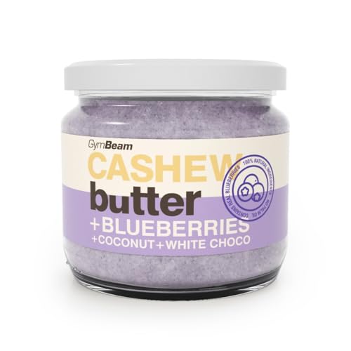 GymBeam Cashewbutter mit Kokosnuss, weißer Schokolade und Blaubeeren - Cremiges Cashewmus, glutenfrei und ohne Palmöl, vielseitig einsetzbar für Porridge, Bowls und Desserts, 340 g