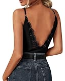 Minetom Femmes Dentelle Col en V Dos Nu Débardeurs T-Shirt Hauts Casual sans Manches Blouse Chemisier Top A Noir L