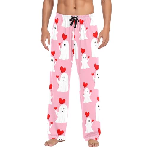 White Spirits with Hearts Pattern Men's Cotton Pajama Pants with Pockets and Drawstring Comfortable and Stylish,S2