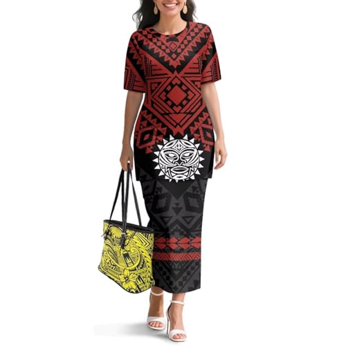 Image of Polynesian Dress for Women Short Sleeve High Waist Maxi Skirt | Puletasi dress, t-shirt and skirt two-piece, elastic material, lightweight, soft, plus size, luau party, wedding, clubwear