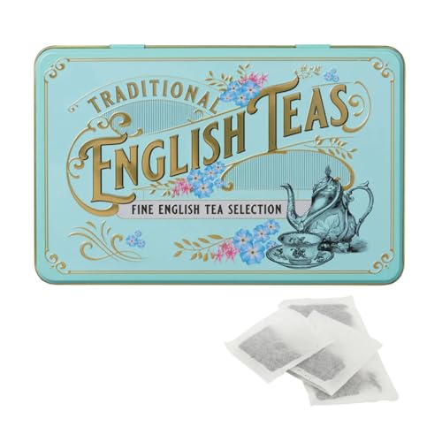 New English Teas | Caja regalo lata metal con filtros té negro English Breakfast, Earl Grey, negro tarde - 24 filtros x 3 sabores (144 gramos)