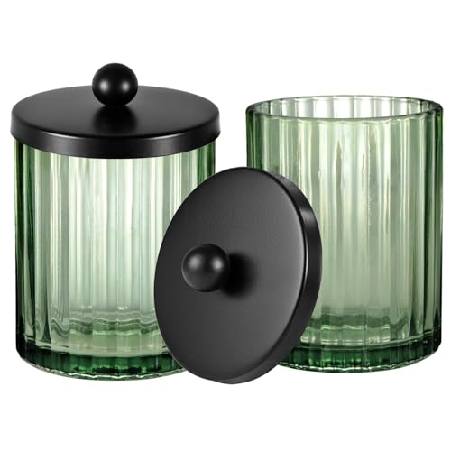 Amolliar Green Glass Apothecary Jar, Qtip Holder for Bathroom(Black 2 Pack) | Canister for Cotton Balls, Makeup Pads, Floss Picks, Bathroom Essential Accessory, Countertop Q Tip Holder Storage Organizer