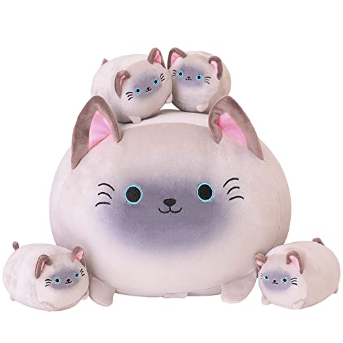 SQEQE Peluche de Gato siamés, Lindos Animales de Peluche mamá con 4 Gatitos esponjosos, Almohada de Felpa Suave Regalos para niños