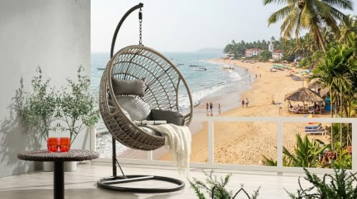 Image of UNIVERSAL FURNITURE Hanging Egg Swing Chair with Stand, Woven Wicker Rattan Style Swing with Cushion, Freestanding Indoor Outdoor Hanging Chair for Patio, Balcony, Garden & Porch (Beige & Grey)