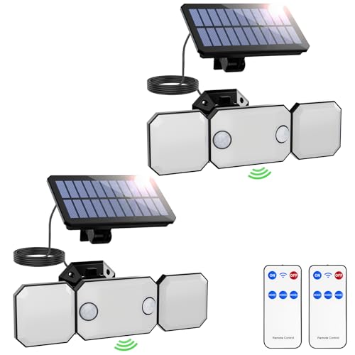Solar Lights Outdoor - 230 LEDs Split Motion Sensor Flood Lights, 3 Heads IP65 Waterproof Solar Lights 3 Modes Wall Lights for Yard, Patio, Garden, Garage, 2Pack