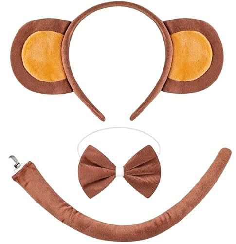 DvBCNMe 3 Stück Affenkostüm Monkey Costume Affen Ohren Gorilla Kostüm affen kostüm Mit Haarreif Schleife Und Schwanz für Karneval Party Tierkostüm Cosplay Affenkostüm