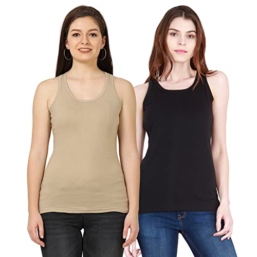 Image of FLEXIMAA Women's Cotton Plain Round Neck Sleeveless T-Shirt
