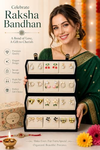 Image of Gold Plated Korean Stud Earrings Set of 12 with Folding Jewelry Box | Western & Modern Earring Gift Box for Women & Girls.
