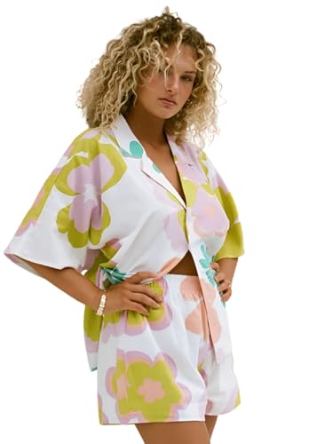 Image of GRECIILOOKS Co-ord Set for Women Stylish | Women Co-Ord Pajama Set | Stylish Night Dress & Beach Outfit | 2 Piece Printed Shirt & Shorts Loungewear | Comfortable Pajama Sets for Womens