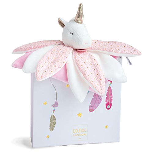 Doudou et Compagnie - Doudou Plat Carré Chat - Doudou Pétales Licorne - 26 cm - Rose - Attrape Rêve - DC3547