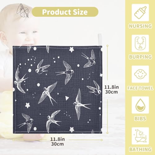 Image of vvfelixl Swallow Bird Baby Burp Cloths Baby Muslin Washcloths for Boys Girls Cotton Baby Face Towel for Newborn Infants Soft and Absorbent 11.8 X 11.8 in, 5 Pack