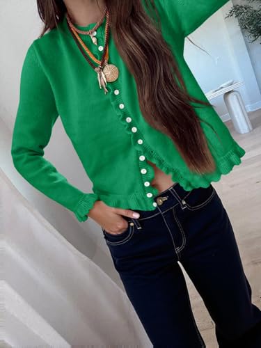 Image of Saodimallsu Womens Ruffle Cardigan Sweaters Button Up Crew Neck Long Sleeve Cropped Sweater Cute Soft Knit Tops