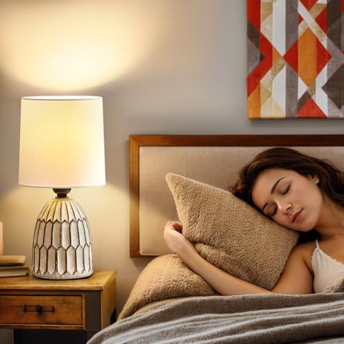 GyroVu Cermaic Table Lamp Set of 2, Boho Table Lamp for Bedside, Small Nightstand lamp with Ceramic Base and Fabric Shade for Bedroom Living Room Decoration - Image 3