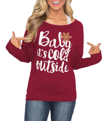 ALIREVERIE Christmas Women Funny Printed Shirt Crewneck Ugly Vintage Vacation Sweatshirts Baby Its Cold Outside XXL