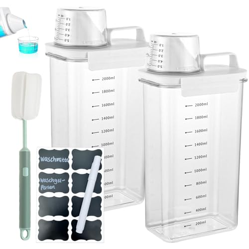 Dispensador de Detergente, 2 Pieza Dosificador Detergente Lavadora, 2300ml de Dosificador de Detergente Hermético con Vaso Medidor, Botellas Vacías Reutilizables de Detergente en Polvo