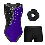 Yruioon Maillot de gimnasia para niños y niñas, con pantalones cortos, cinta para el pelo, sin mangas, traje de ballet, traje de ballet, traje de competición, A Lila, 146-152