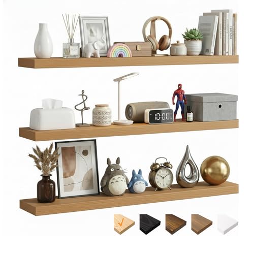 RICHER HOUSE Lot de 3 étagères murales flottantes en chêne de 80 cm avec Supports Invisibles - Étagère Murale en Bois MDF pour Salle de Bain, Chambre à Coucher,...