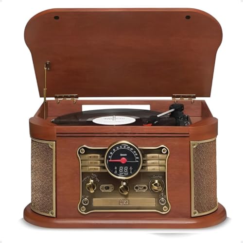 Raveo Vitrola Spazio com Toca-discos de 3 velocidades, Rádio FM, CD e Cassete players, USB e SD (rep