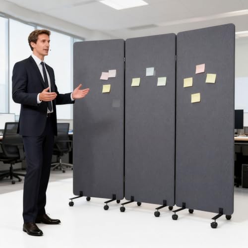 72 * 66in Freestanding Acoustic Room Divider, 3 Panel PET Polyester Soundproof Room Screen with Wheels, Portable Partition Divider for Office, Reception Room, School, Hospital