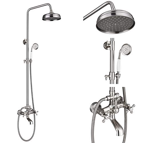 Rozin Brushed Nickel Bathtub Shower Faucet System 8-inch Rainfall Showerhead + Handheld Spray Wall Mounted