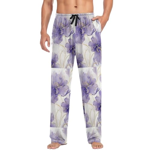 Men’s Purple Silver Flower Pajama Pants with Pockets, Comfortable Lounge Sleep Bottoms#2853
