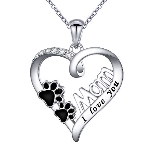 JZMSJF S925 Sterling Silver I Love You Mom Heart Pendant Necklace Cute Dog Paws Print Jewelry Gifts for Women from Daughter Son