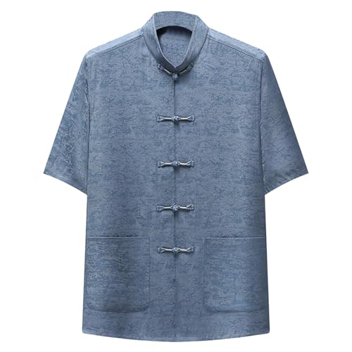 Cambkatl Men's Vintage Paisley Mandarin Collar Kung Fu Shirts Short Sleeve Chinese Traditional Tai Chi Frog-Button Shirt