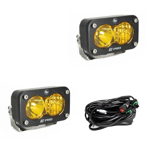 Baja Designs S2 Pro LED Auxiliary Light Pod Pair with Wiring Harness - Universal Off-Road Lights for Trucks Wranglers UTVs & 4x4s - Driving/Combo Beam Baja Amber Lens