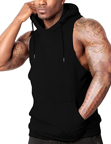 Babioboa Men's Workout Sleeveless Shirts Muscle Hooded Tank Gym Fitness Quick Dry Sleeveless Hoodies Black