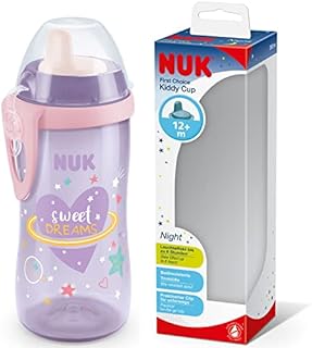 NUK Kiddy Cup Night Toddler Cup | 12+ Months | 300 ml | Leak-Proof Toughened Spout | Glow in The Dark | Clip & Protective Cap | BPA-Free | Purple