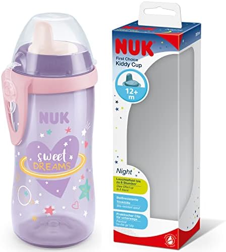 NUK Kiddy Cup Night Trinkbecher für Kleinkinder | 12+ Monate | 300 ml | Auslaufsicheres, verstärktes Mundstück | Leuchtet im Dunkeln | Clip & Schutzkappe | Lila